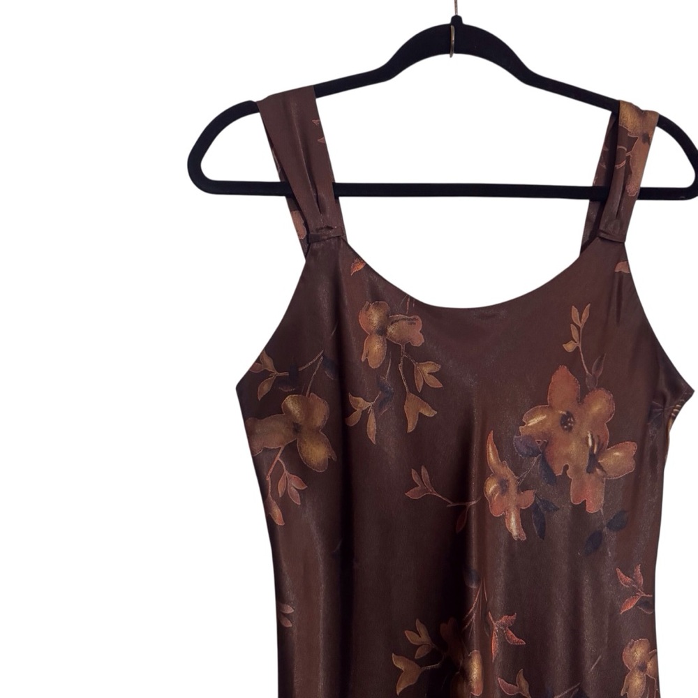 Vintage Jones New York Size Medium Brown Satin Floral Maxi Dress Grunge Boho - Picture 2 of 8